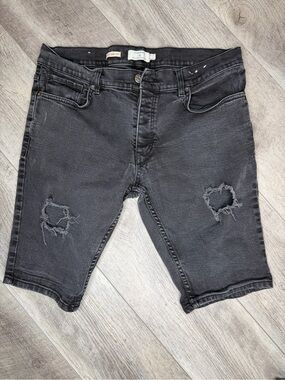 Topman Grey Black Distressed Denim Shorts